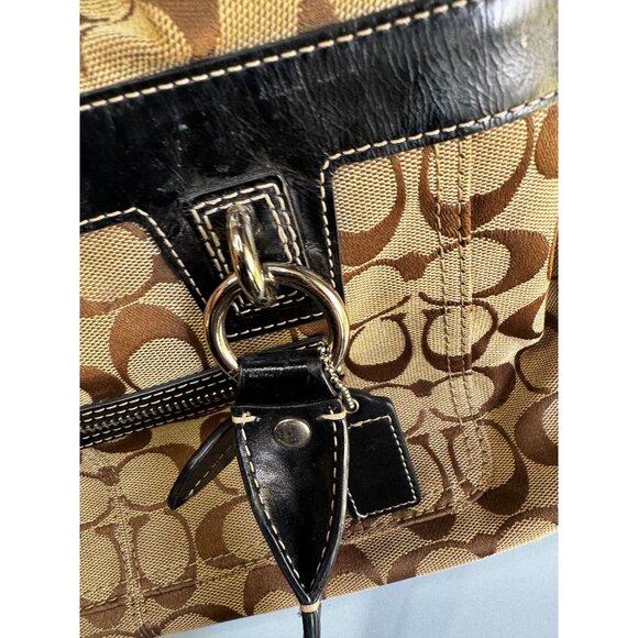 Coach Signature C Tote Bag Khaki Brown Black Leather Trim With Wristlet F14686 - Picture 5 of 8